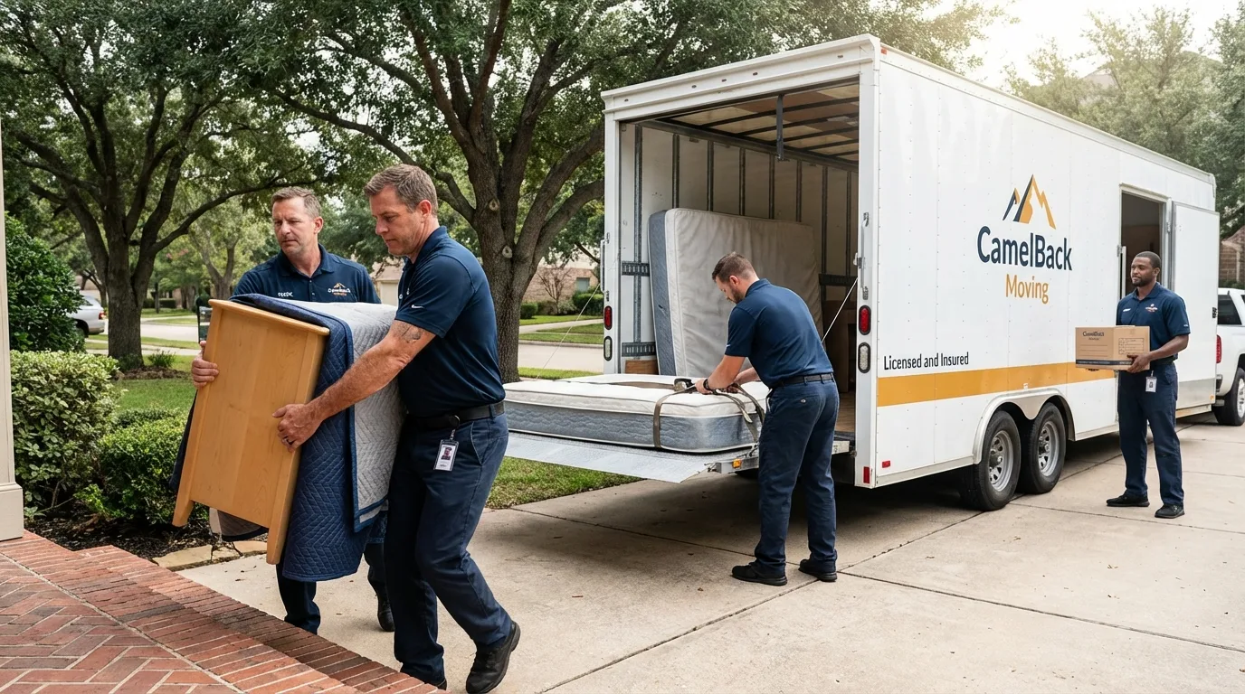 Crew loading residential truck for cross-state move from Halstead, KS