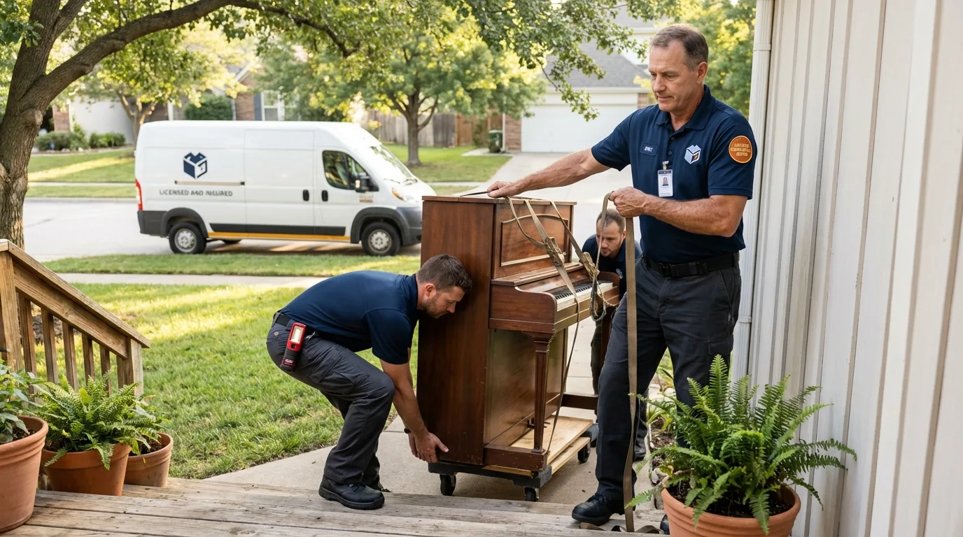 Licensed piano movers securing grand piano in Halstead, KS