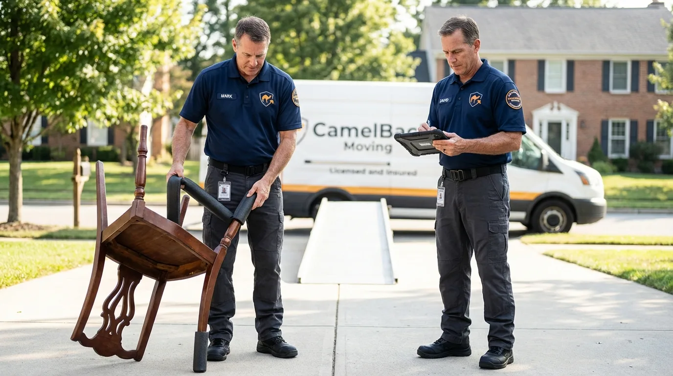 Movers inspecting furniture for damage prevention before loading in Halstead, KS