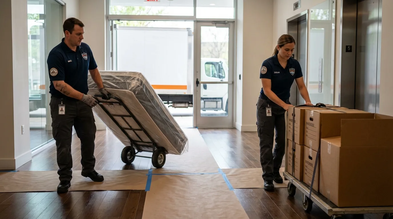 Professional apartment movers loading elevator in Halstead, KS