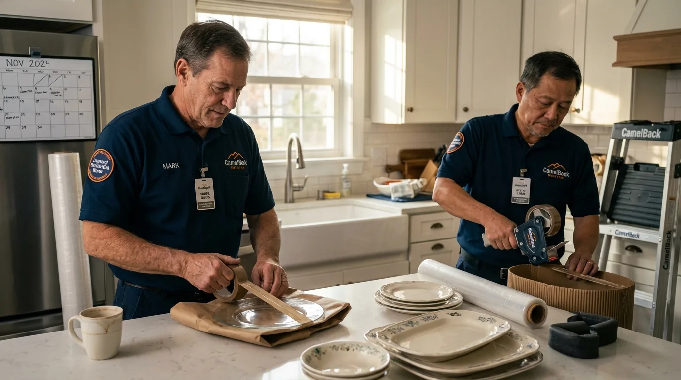 Professional crew packing kitchen dishware in Halstead, KS